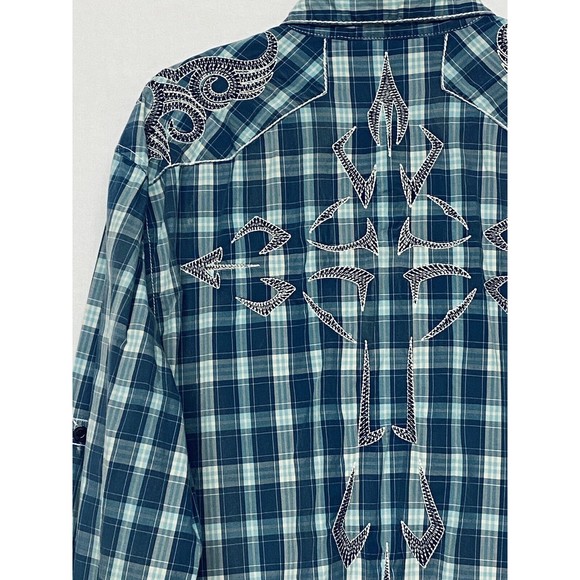 Austin Season Men's Embroidered Blue Plaid Long Sleeve Button Up Western Shirt L - Picture 9 of 14